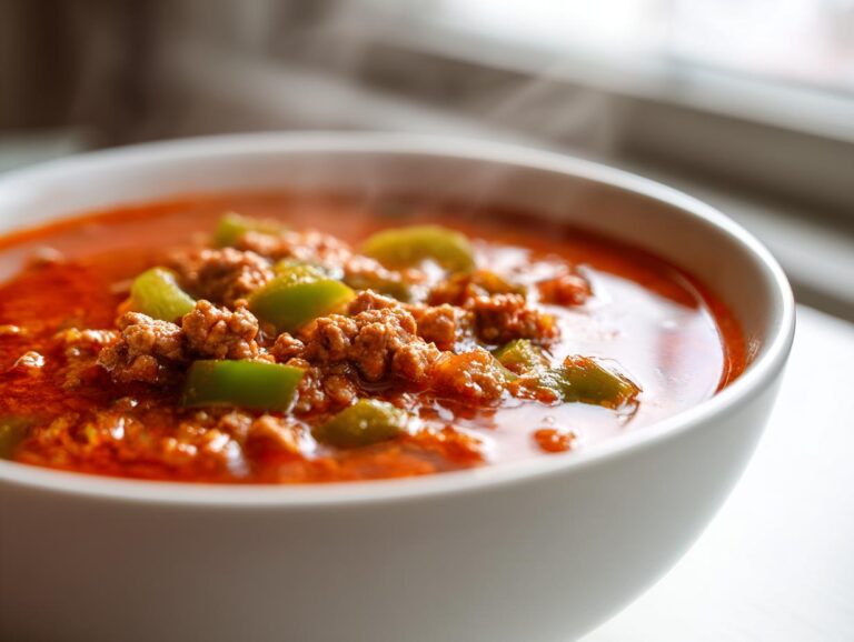 Close-up of a steaming white bowl filled with rich, red Keto Taco Soup with Ground Beef and green bell peppers.