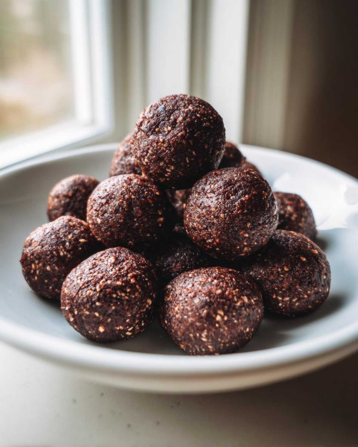 A close-up of a small white bowl piled high with dark brown No-Bake Brownie Batter Protein Balls.