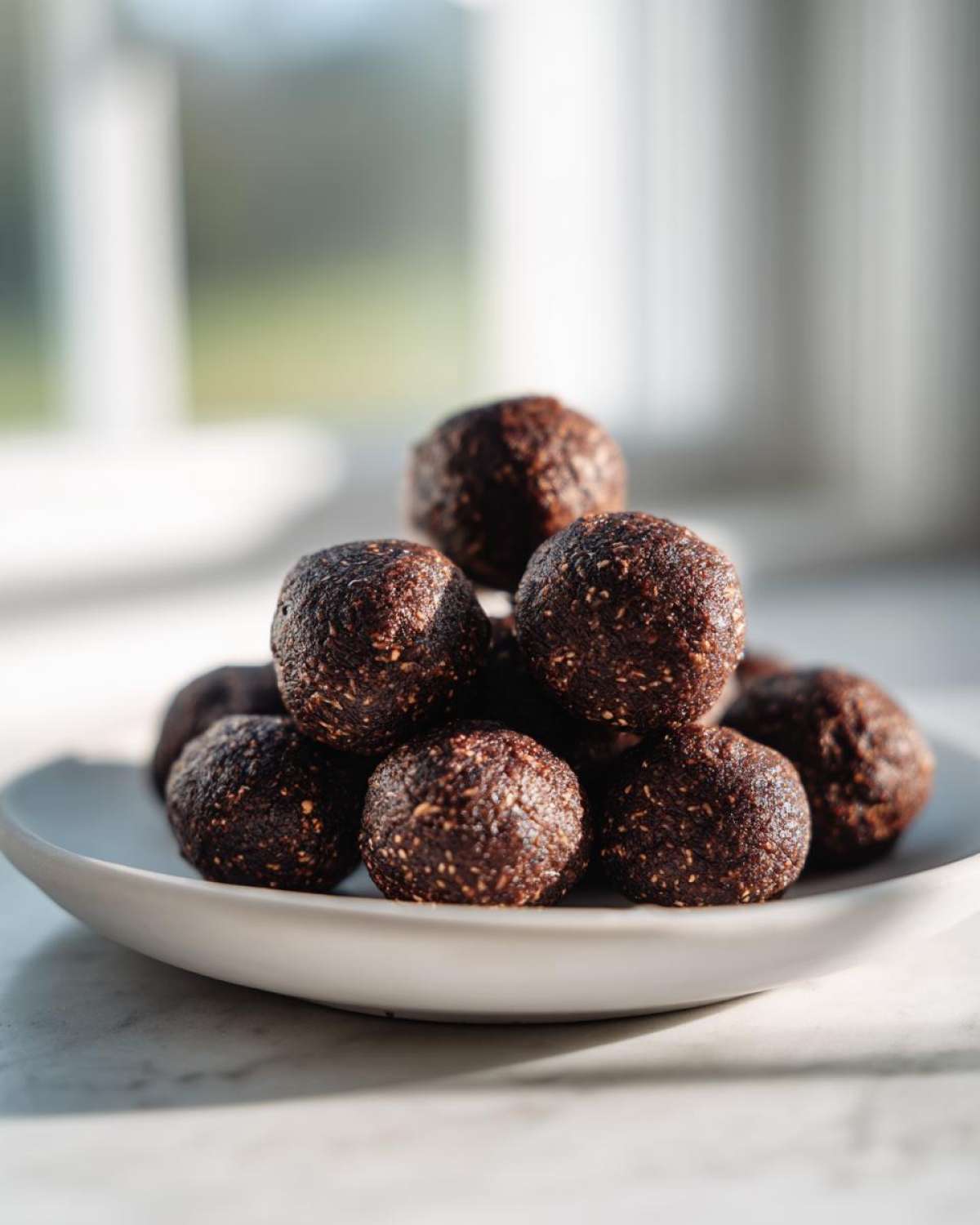A stack of rich, dark No-Bake Brownie Batter Protein Balls piled on a small white plate.