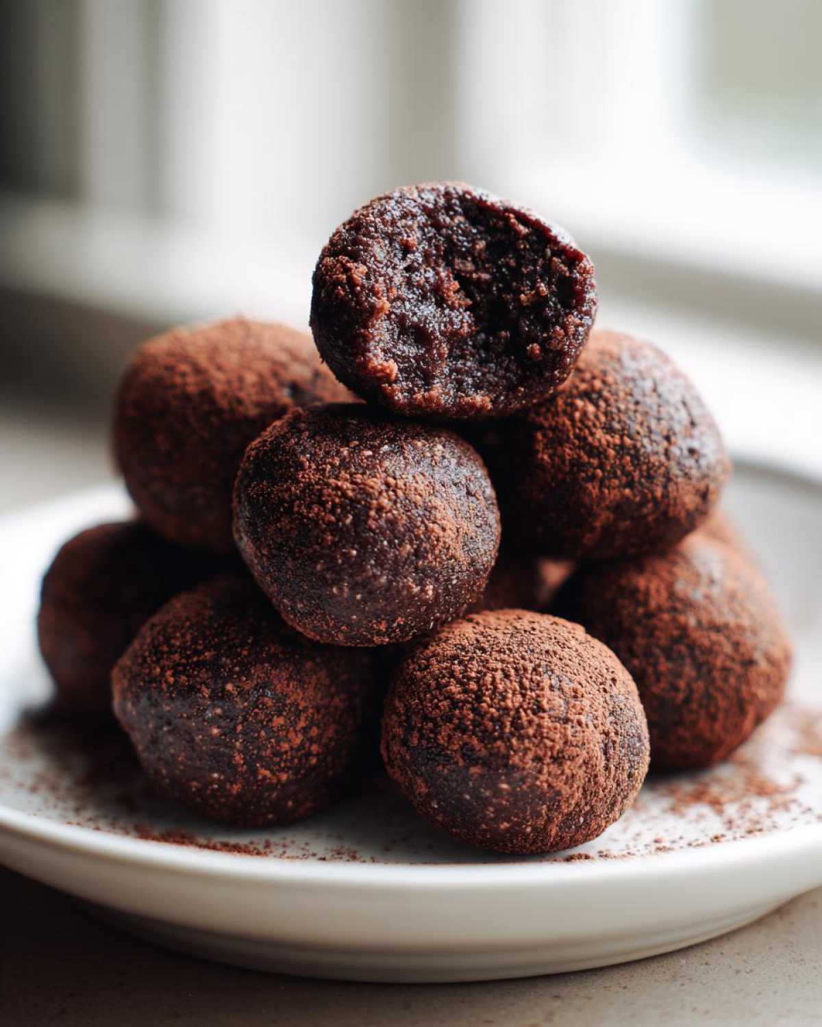 A stack of rich, dark No-Bake Brownie Batter Protein Balls dusted heavily with cocoa powder.