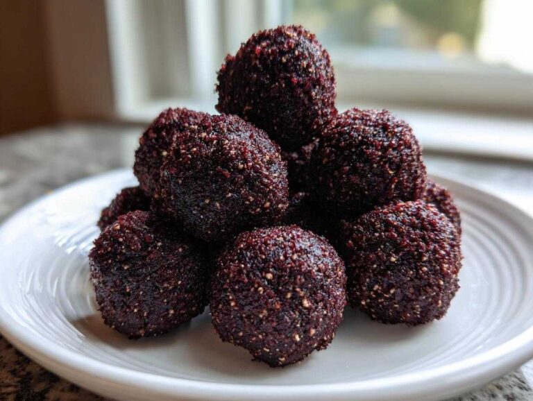 A stack of dark, rich No-Bake Brownie Batter Protein Balls coated in fine crumbs on a white plate.