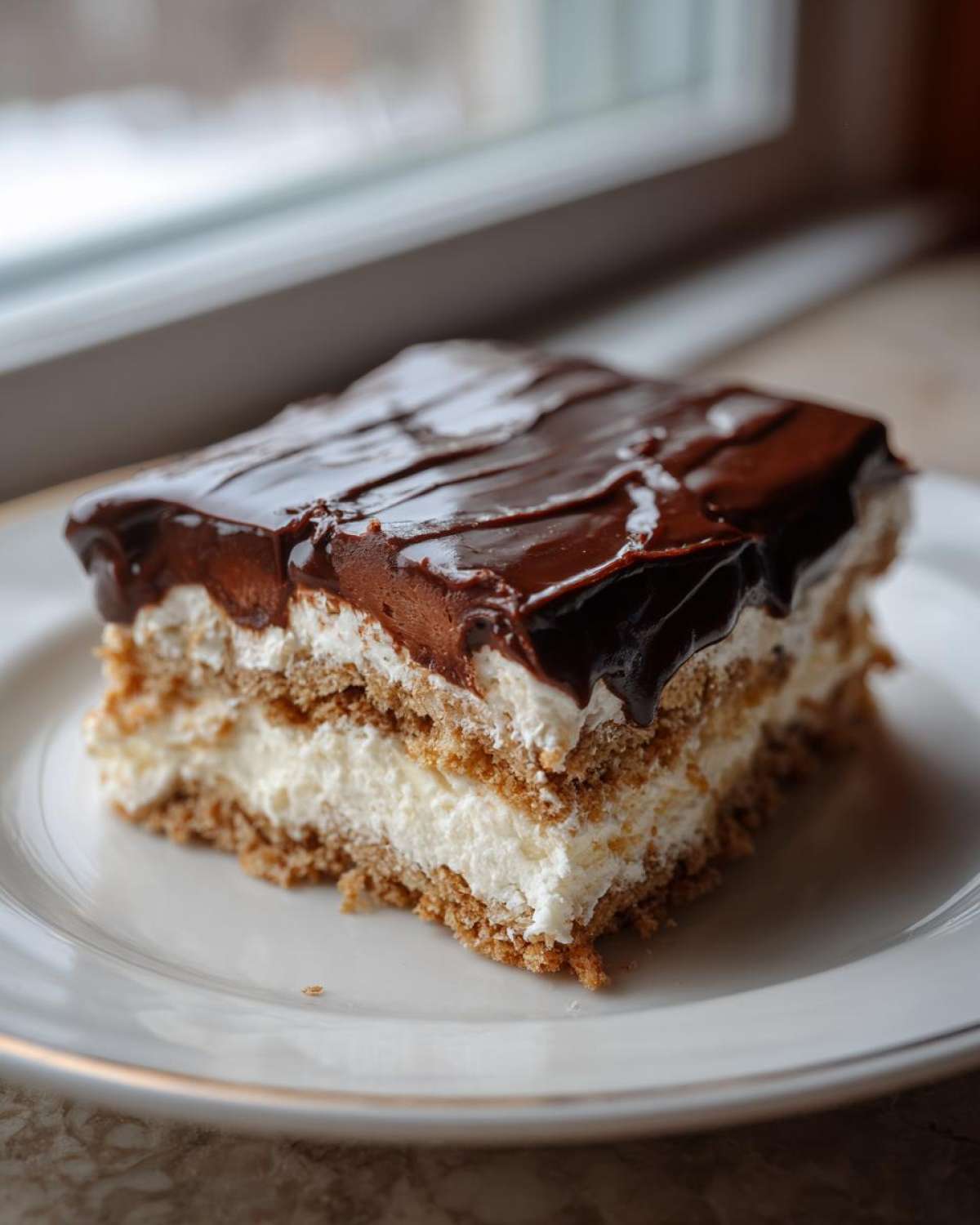A generous slice of No-Bake Chocolate Eclair Cake featuring graham cracker layers, creamy filling, and rich chocolate frosting.