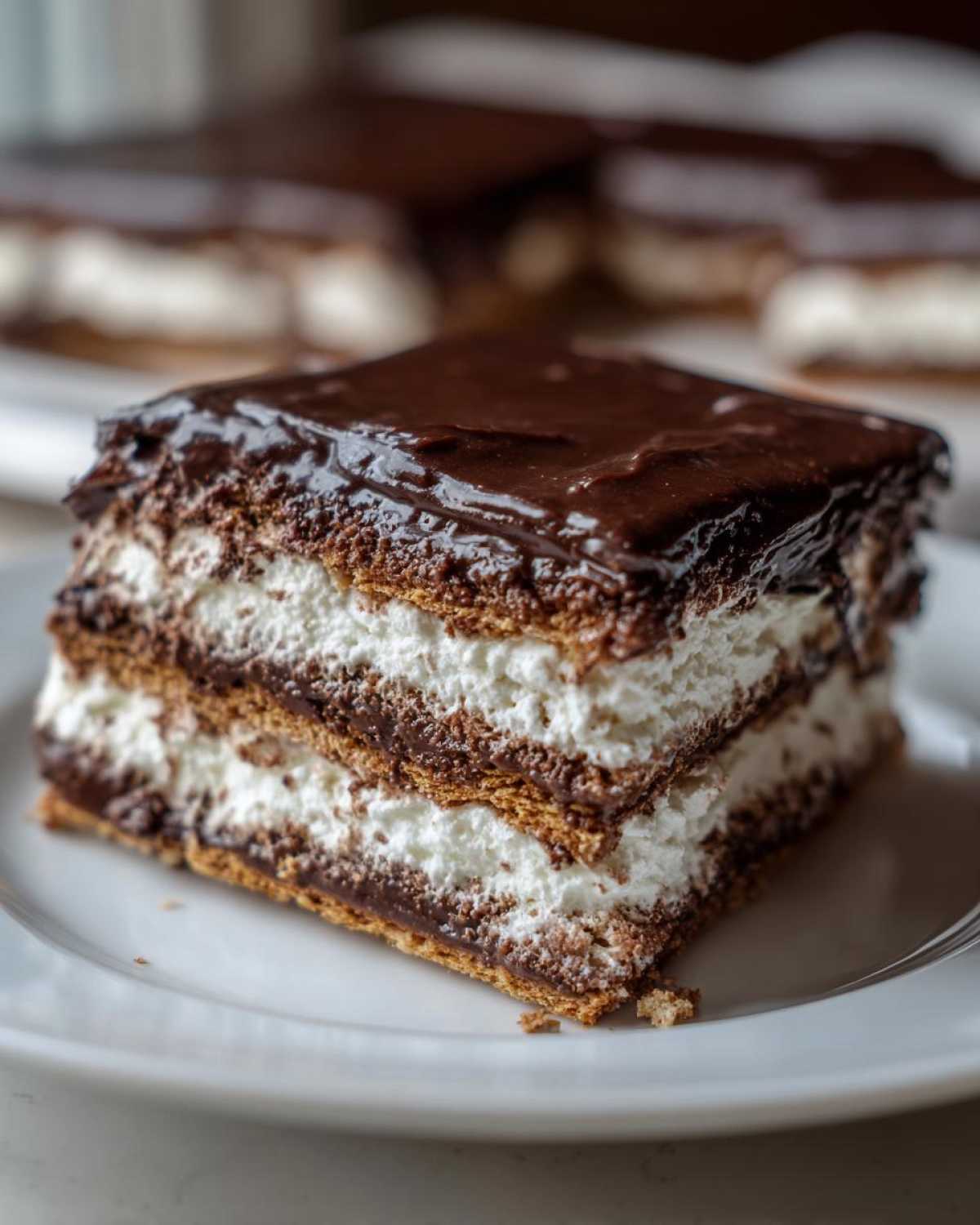 Close-up of a layered slice of No-Bake Chocolate Eclair Cake with graham crackers, white cream, and chocolate glaze.