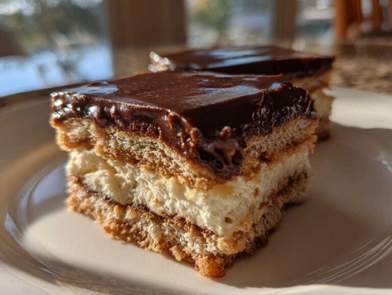 Close-up of a layered slice of No-Bake Chocolate Eclair Cake featuring graham crackers, creamy filling, and chocolate glaze.