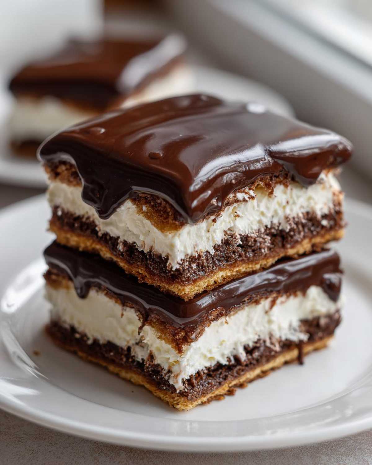 Two stacked squares of No-Bake Chocolate Eclair Cake with creamy filling and thick chocolate glaze.