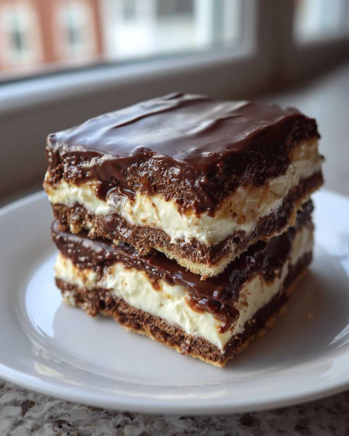 Two stacked squares of rich No-Bake Chocolate Eclair Cake with cream filling and chocolate glaze.