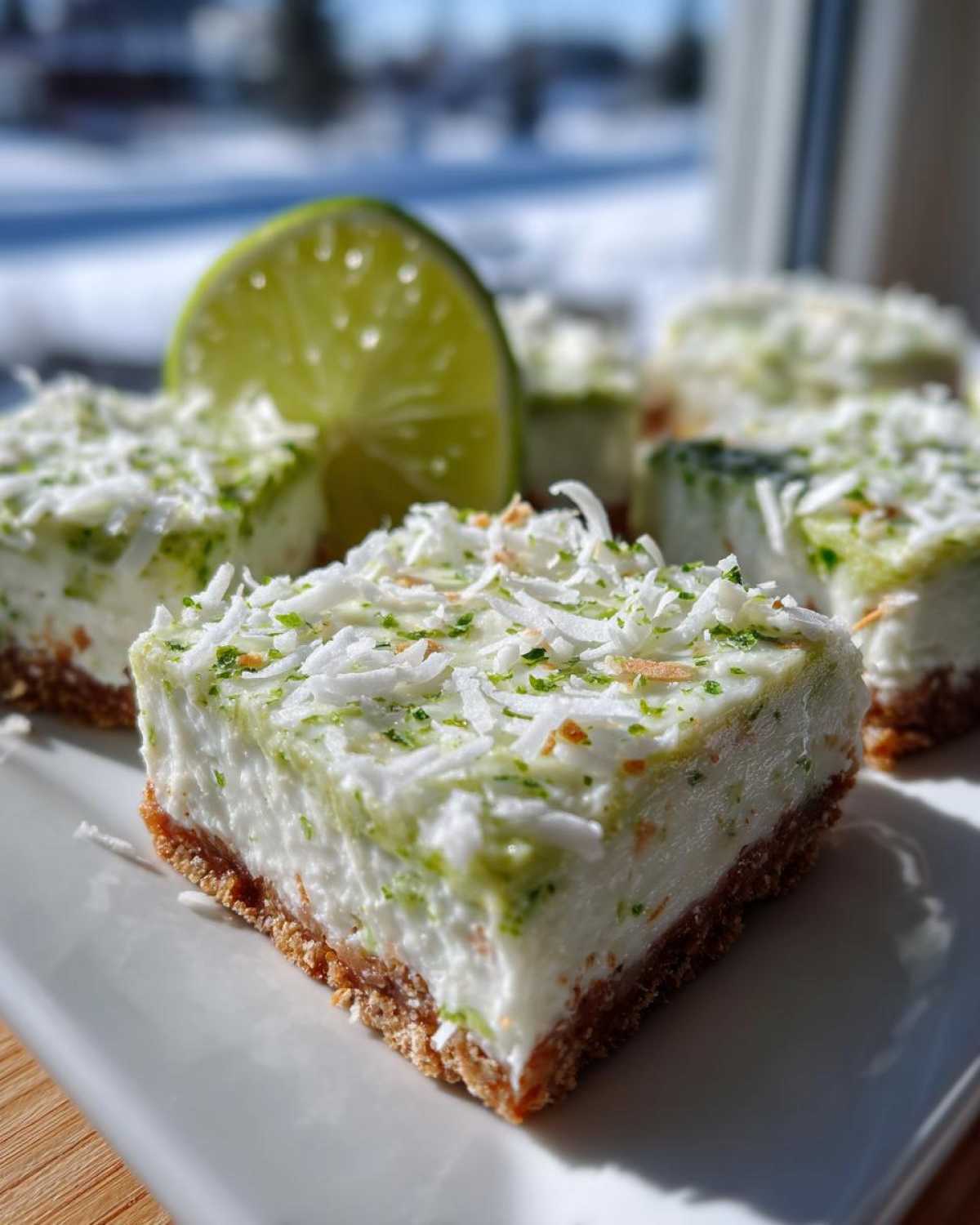 A square serving of No-Bake Coconut Lime Bars topped with shredded coconut and lime zest, with a lime slice in the background.