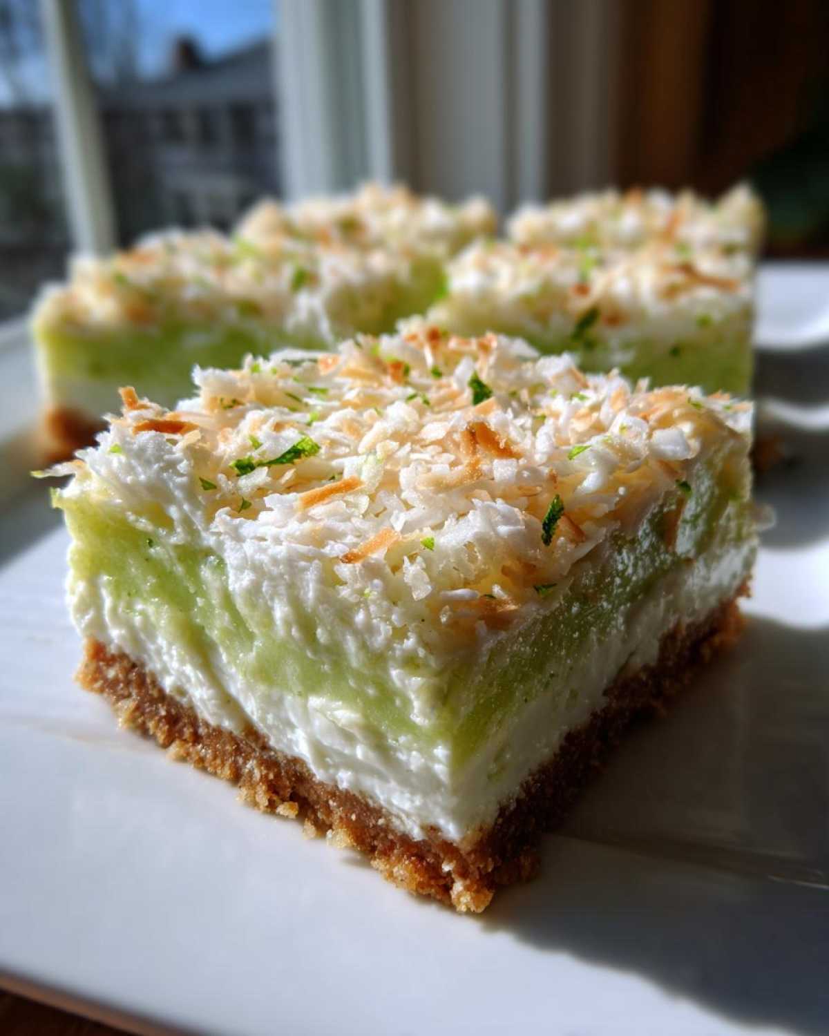 A close-up, sunlit slice of No-Bake Coconut Lime Bars showing graham cracker crust, creamy filling, and toasted coconut topping.
