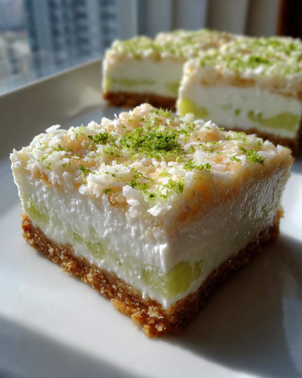 A square slice of No-Bake Coconut Lime Bars showing a graham cracker crust, creamy filling, and coconut lime topping.