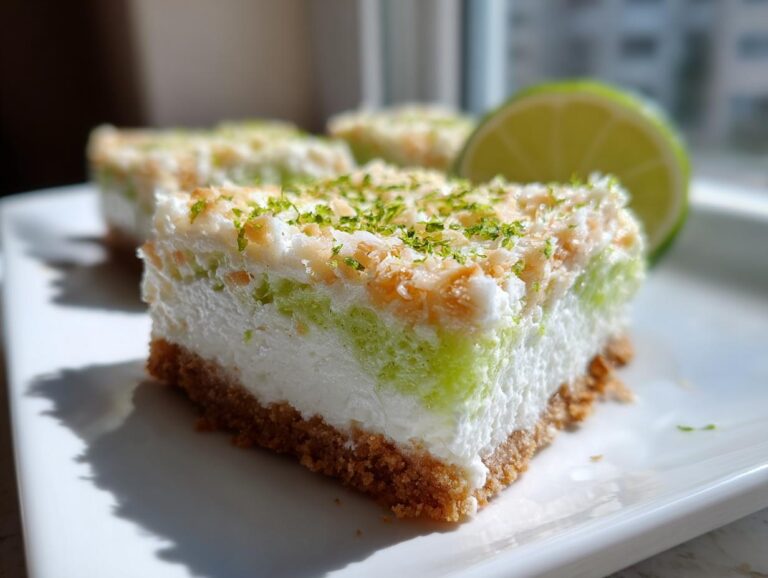 Close-up of a layered No-Bake Coconut Lime Bars slice with a graham cracker crust and lime zest topping.