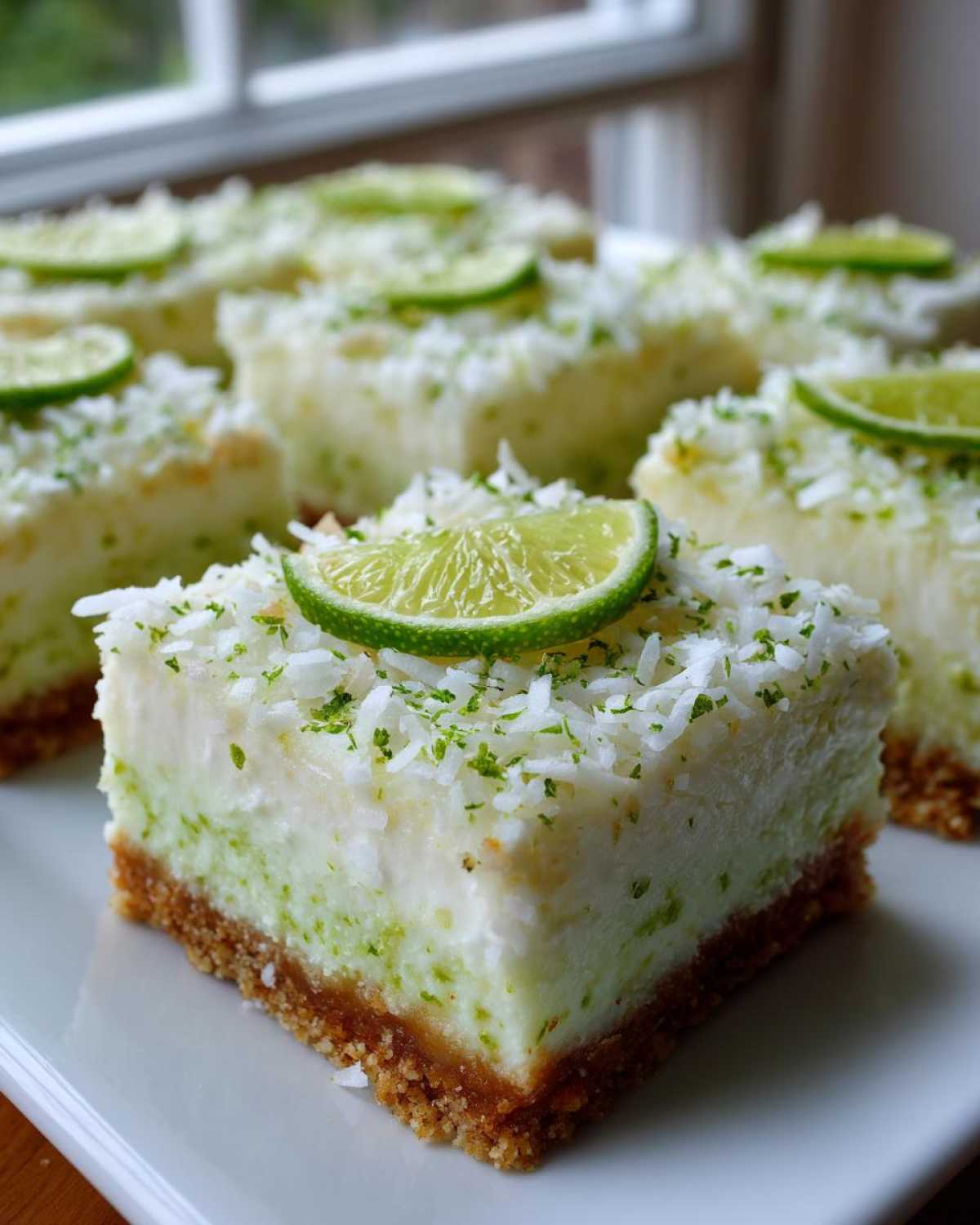 A close-up of a square No-Bake Coconut Lime Bars slice with a graham cracker crust, topped with coconut and a lime slice.