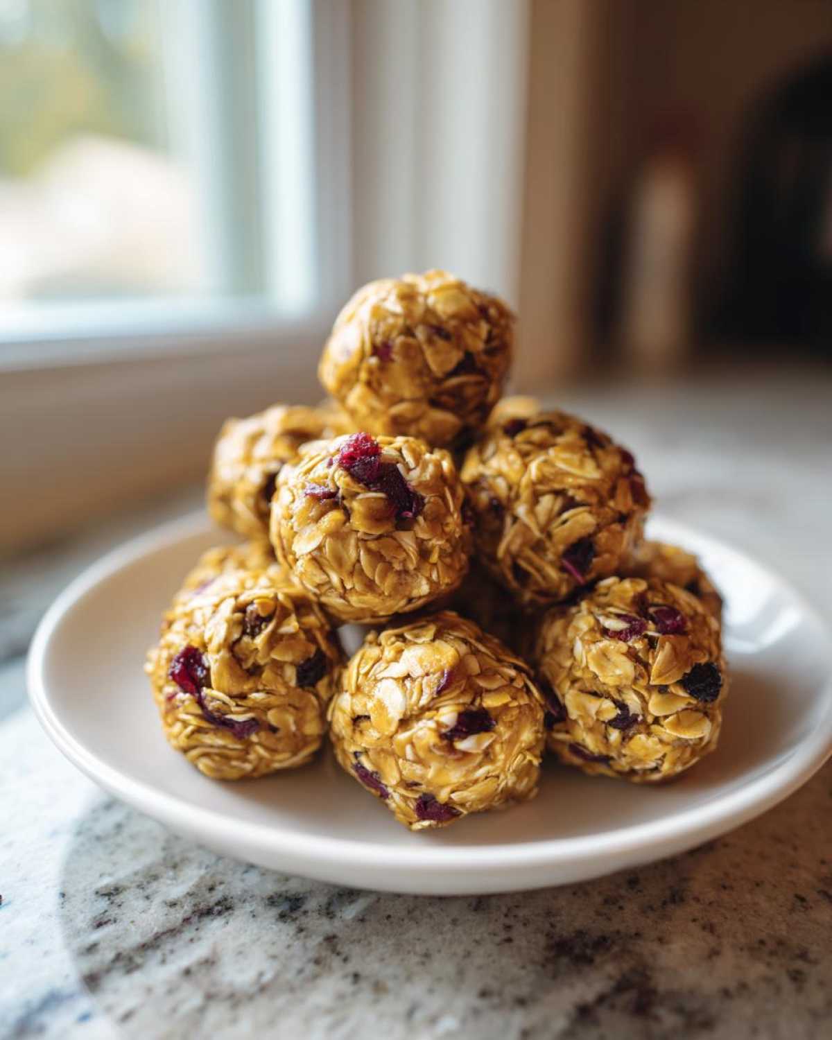 A stack of golden No-Bake Lemon Blueberry Energy Bites made with oats and dried fruit on a white plate.