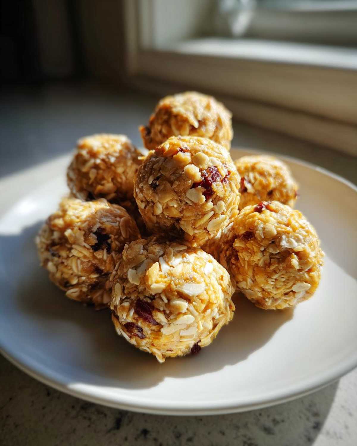 A stack of golden No-Bake Lemon Blueberry Energy Bites made with oats and dried fruit, sitting on a white plate near a window.