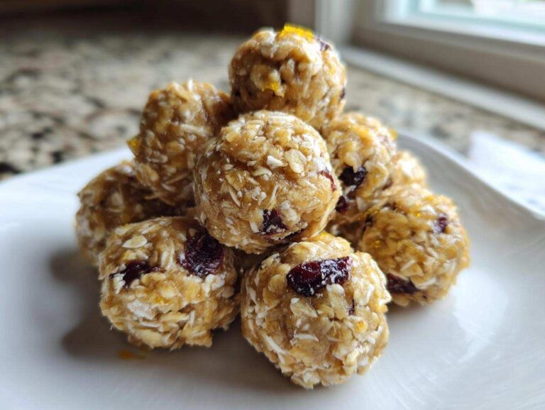 A stack of No-Bake Lemon Blueberry Energy Bites made with oats, coconut, and dried fruit on a white plate.