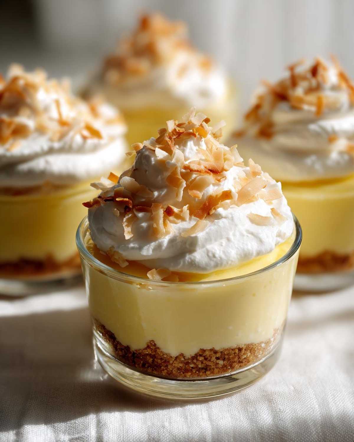 Close-up of a No-Bake Lemon Coconut Cream Pie Cup with whipped cream and toasted coconut.