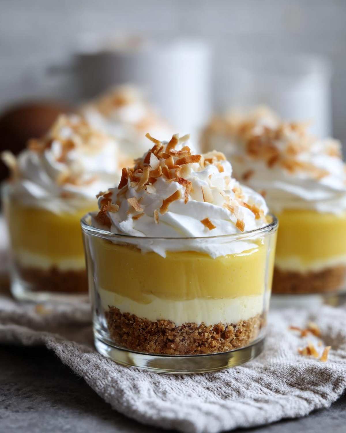 Close-up of a No-Bake Lemon Coconut Cream Pie Cups layered dessert in a glass with whipped cream and toasted coconut.