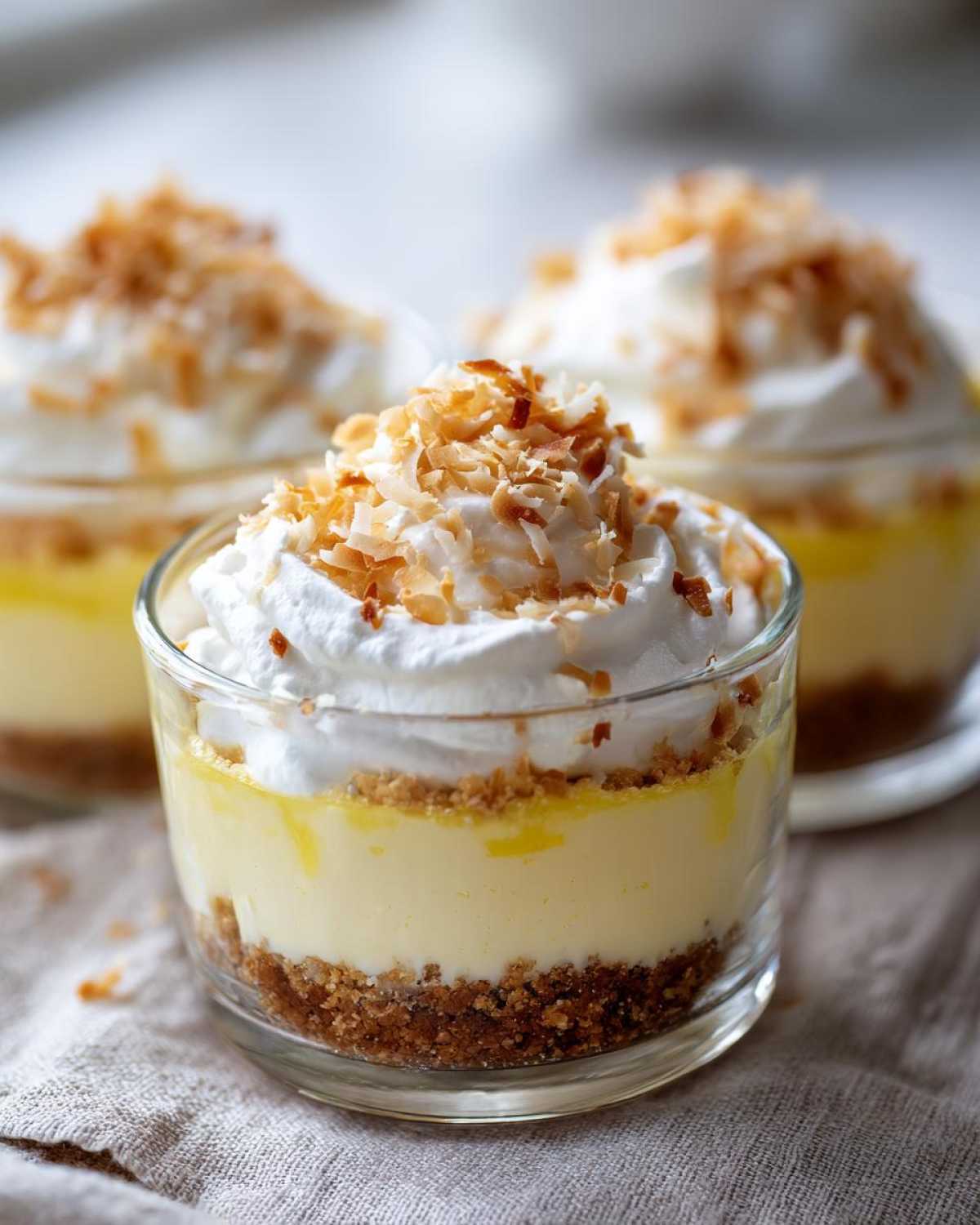 Close-up of a No-Bake Lemon Coconut Cream Pie Cup with graham cracker crust, lemon filling, whipped cream, and toasted coconut.