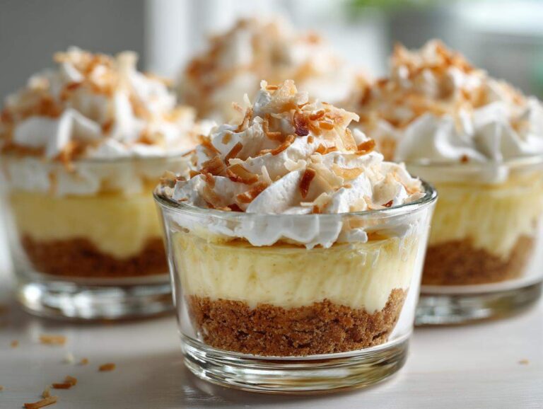 Close-up of individual No-Bake Lemon Coconut Cream Pie Cups topped with whipped cream and toasted coconut.