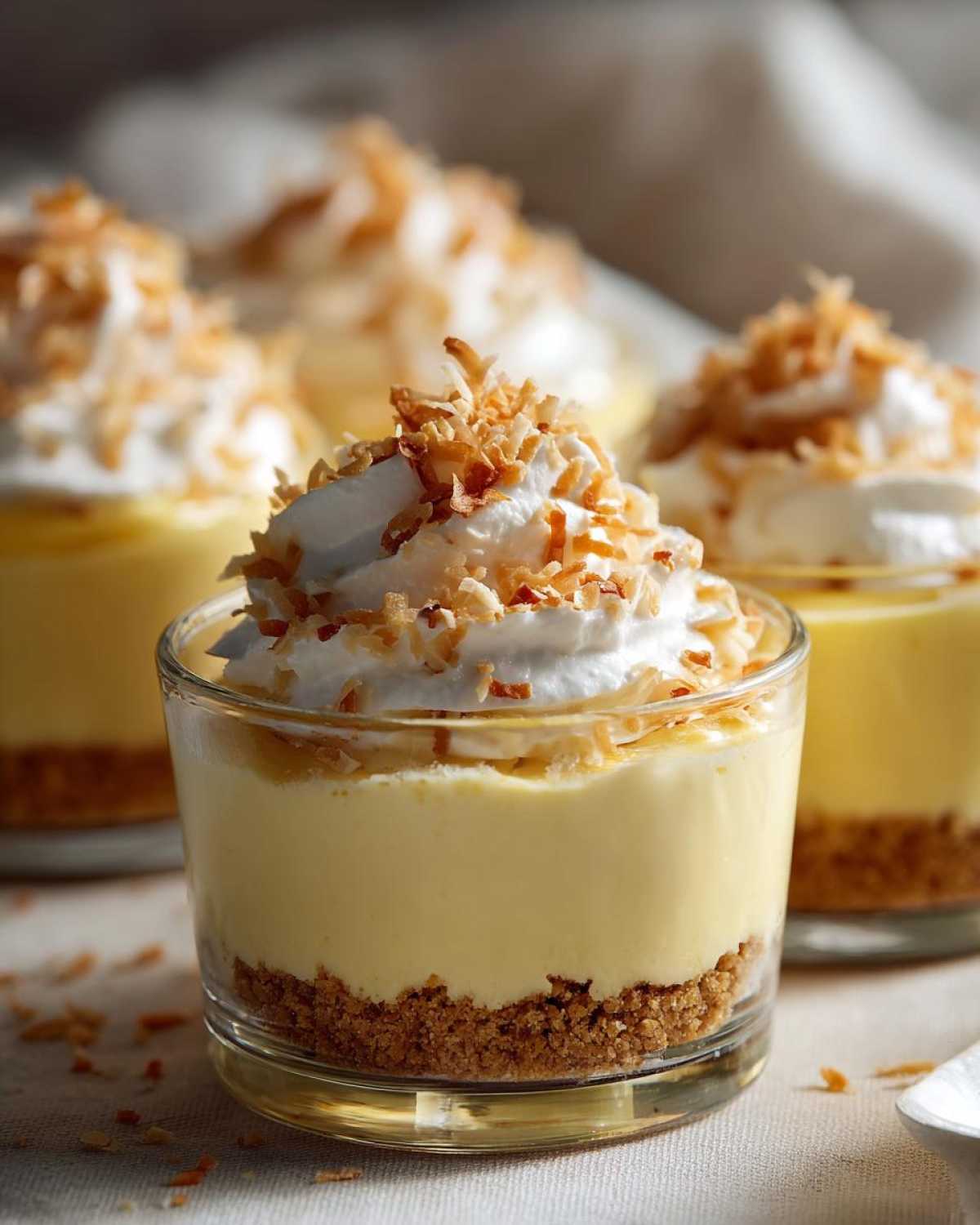 Close-up of a No-Bake Lemon Coconut Cream Pie Cup layered with crust, lemon filling, whipped cream, and toasted coconut.