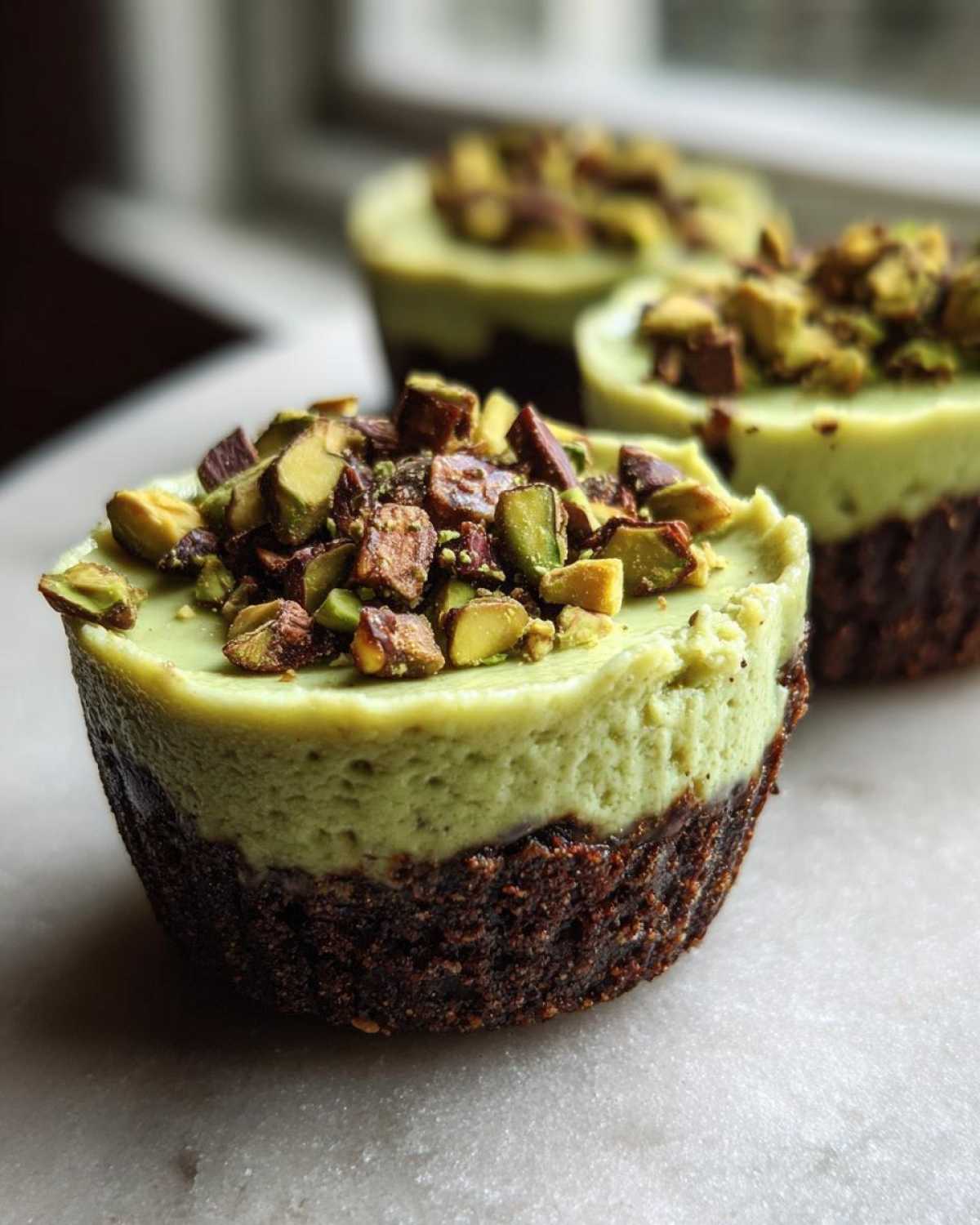A close-up of a No-Bake Pistachio Cheesecake Cup featuring a dark crust, light green filling, and chopped pistachios on top.