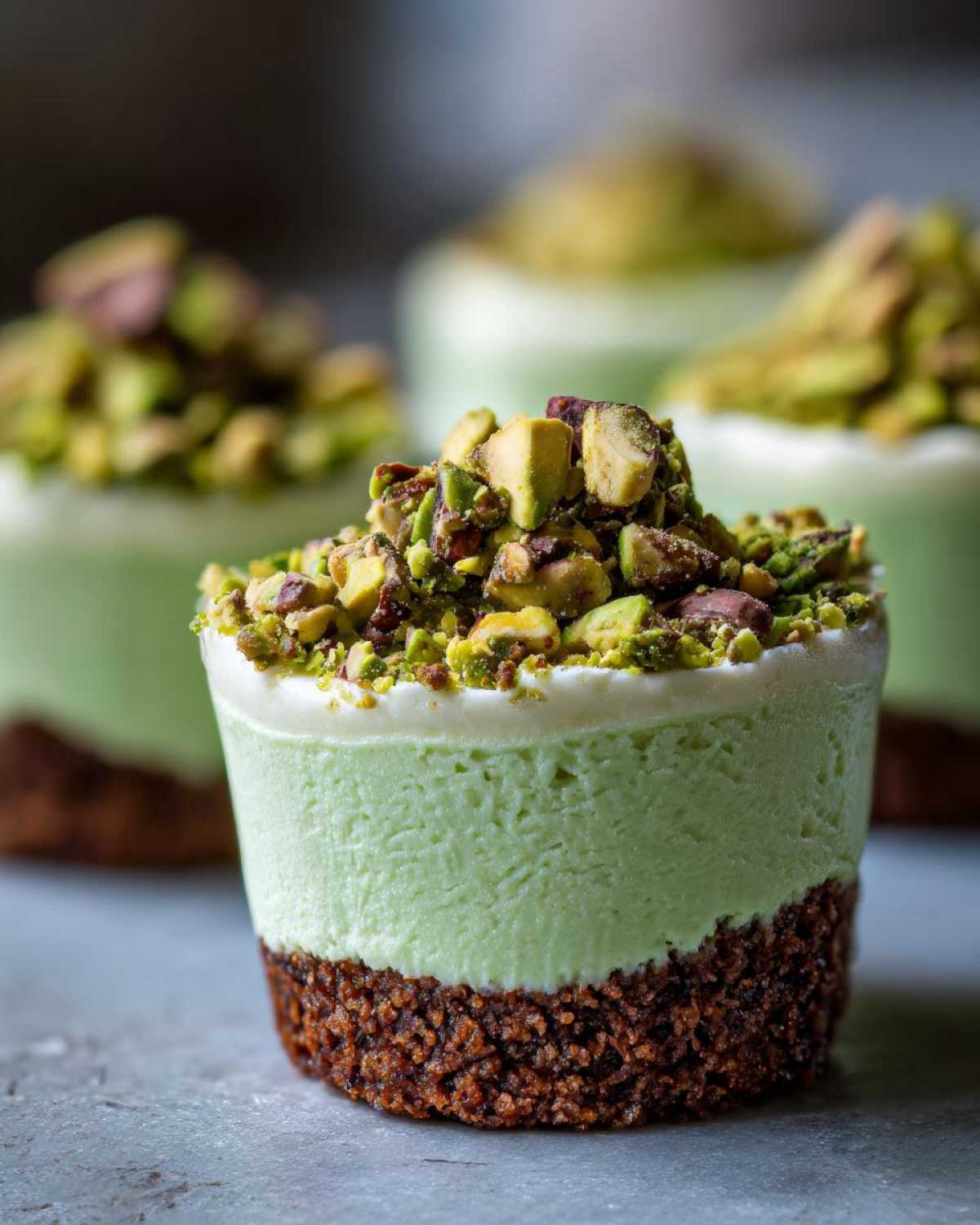 A close-up of a single No-Bake Pistachio Cheesecake Cup with a dark crust and green filling, topped with chopped pistachios.