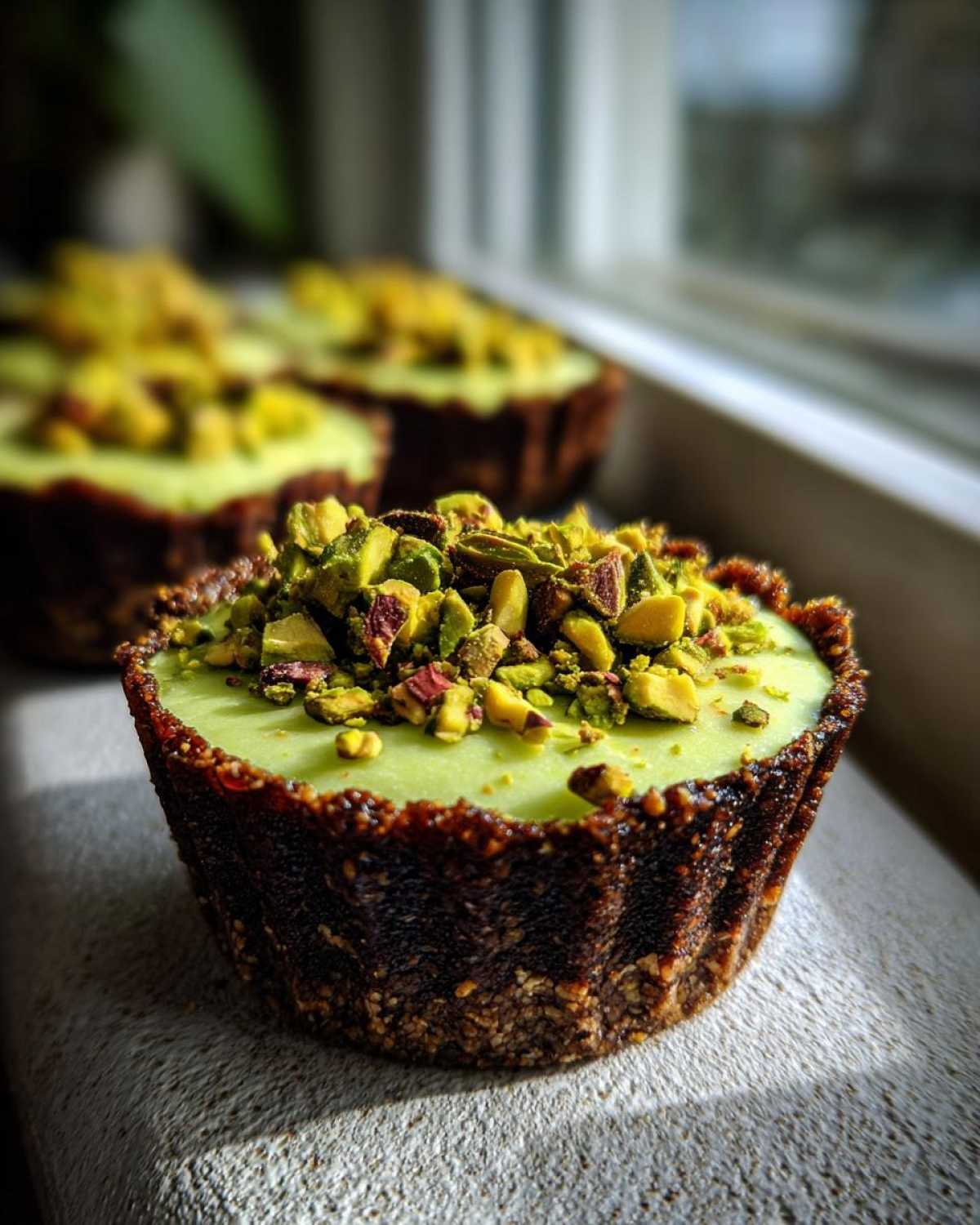 A close-up of a single No-Bake Pistachio Cheesecake Cup with a dark crust and bright green filling topped generously with chopped pistachios.