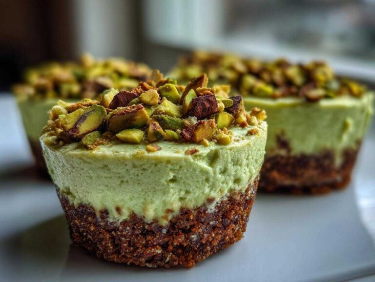 Close-up of a No-Bake Pistachio Cheesecake Cup with a thick crust and topped with chopped pistachios.