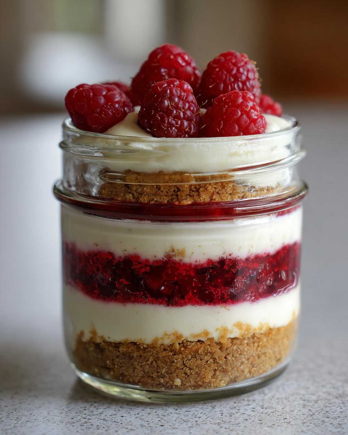 A layered No-Bake Raspberry White Chocolate Cheesecake Jar topped with fresh raspberries.