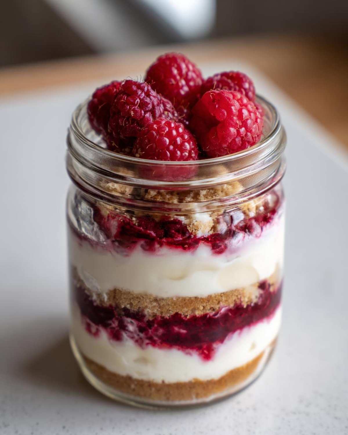 Close-up of a layered No-Bake Raspberry White Chocolate Cheesecake Jar topped with fresh raspberries.