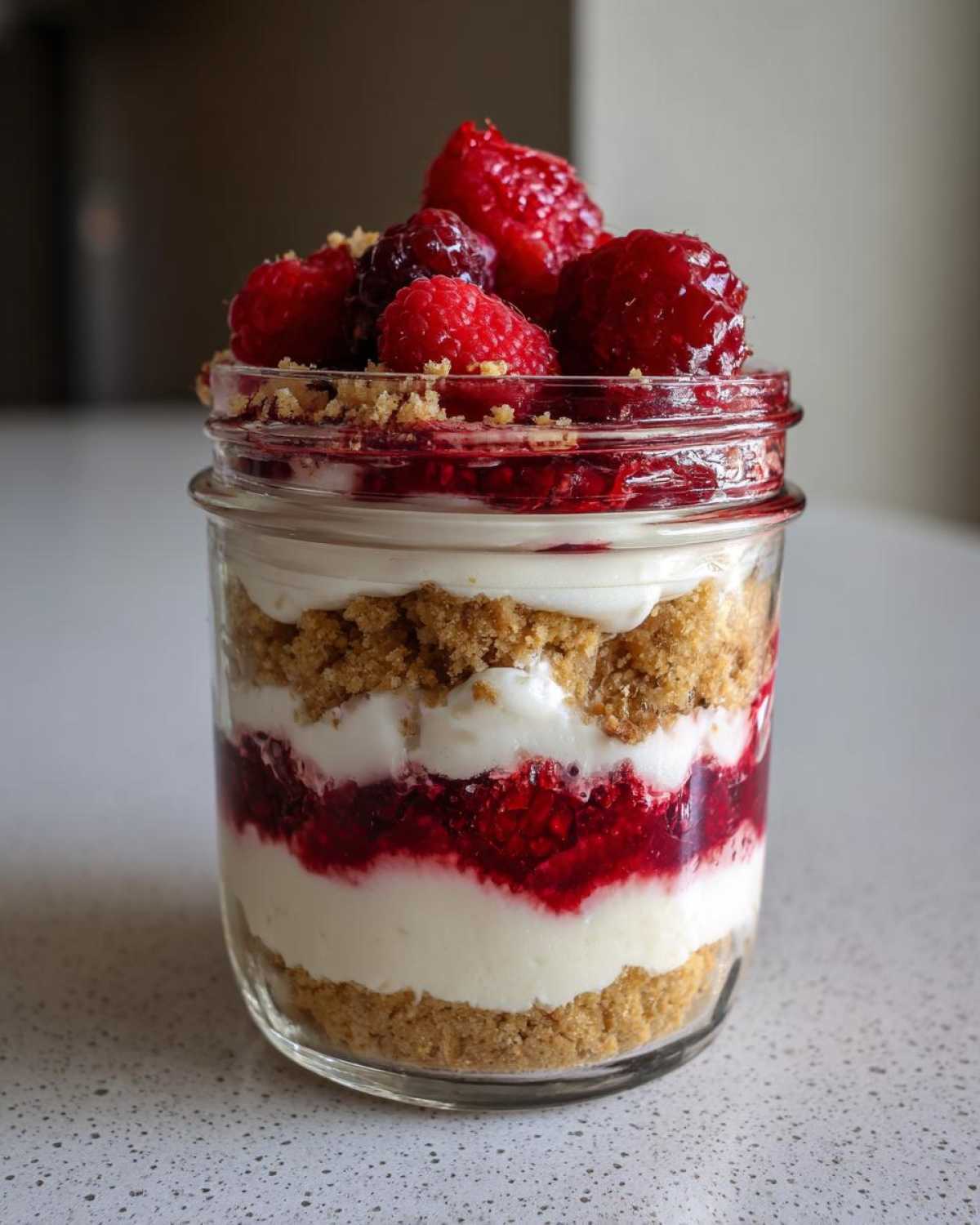 Close-up of No-Bake Raspberry White Chocolate Cheesecake Jars showing layers of crust, cream, and raspberry filling topped with fresh berries.