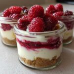 Close-up of individual No-Bake Raspberry White Chocolate Cheesecake Jars topped with fresh raspberries.