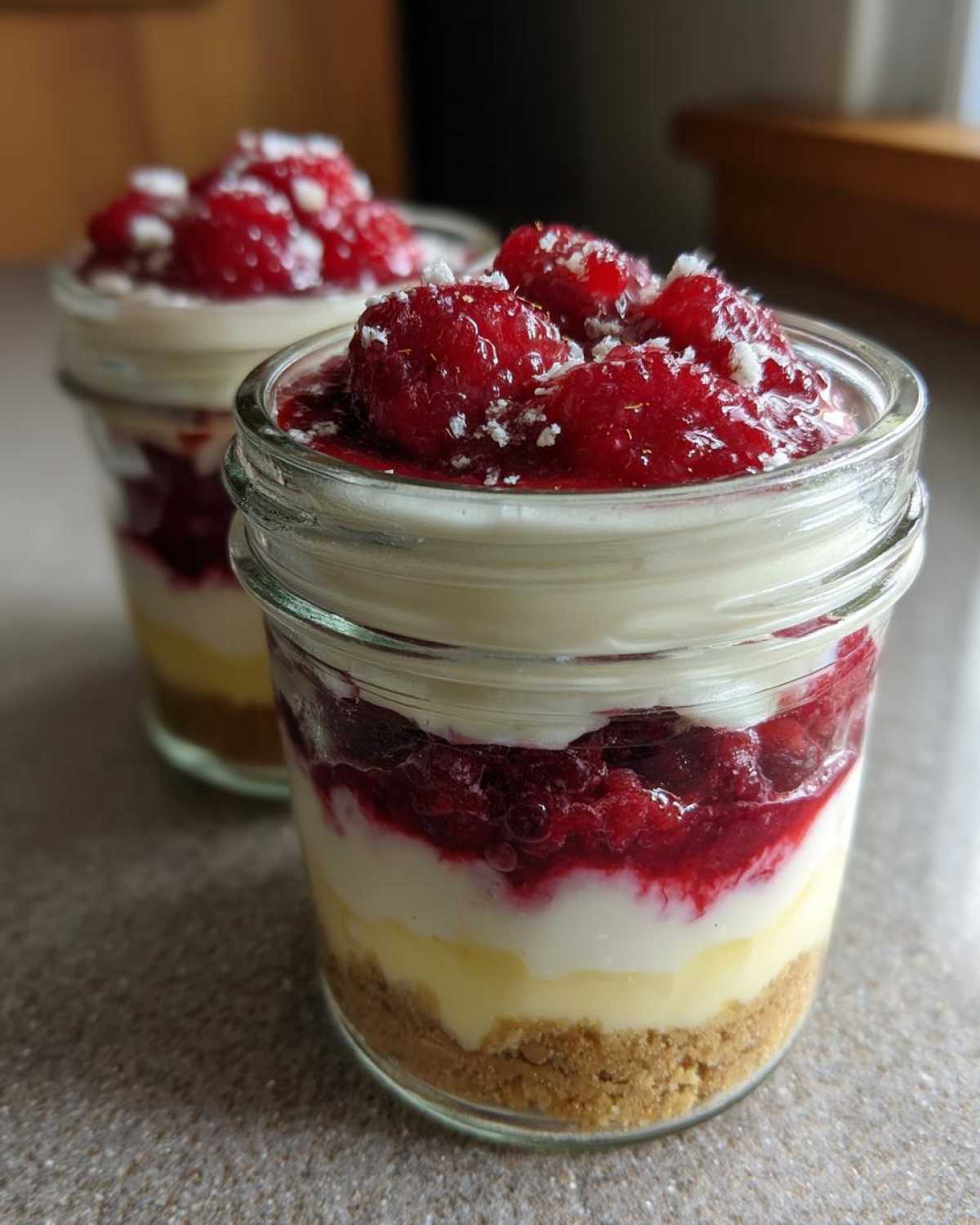 Close-up of a layered No-Bake Raspberry White Chocolate Cheesecake Jar topped with fresh raspberries.
