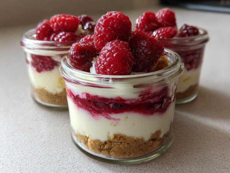 Close-up of individual No-Bake Raspberry White Chocolate Cheesecake Jars topped with fresh raspberries.