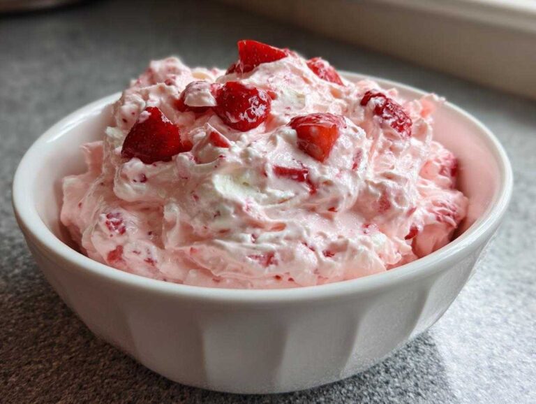 A close-up of fluffy, pink No-Bake Strawberry Cheesecake Dip topped with fresh strawberry pieces in a white bowl.