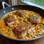 Four pieces of seasoned One-Pan Creamy Cajun Catfish with Corn simmering in a rich, orange sauce.