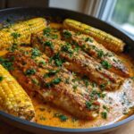Close-up of One-Pan Creamy Cajun Catfish with Corn simmering in a rich, orange sauce and garnished with parsley.