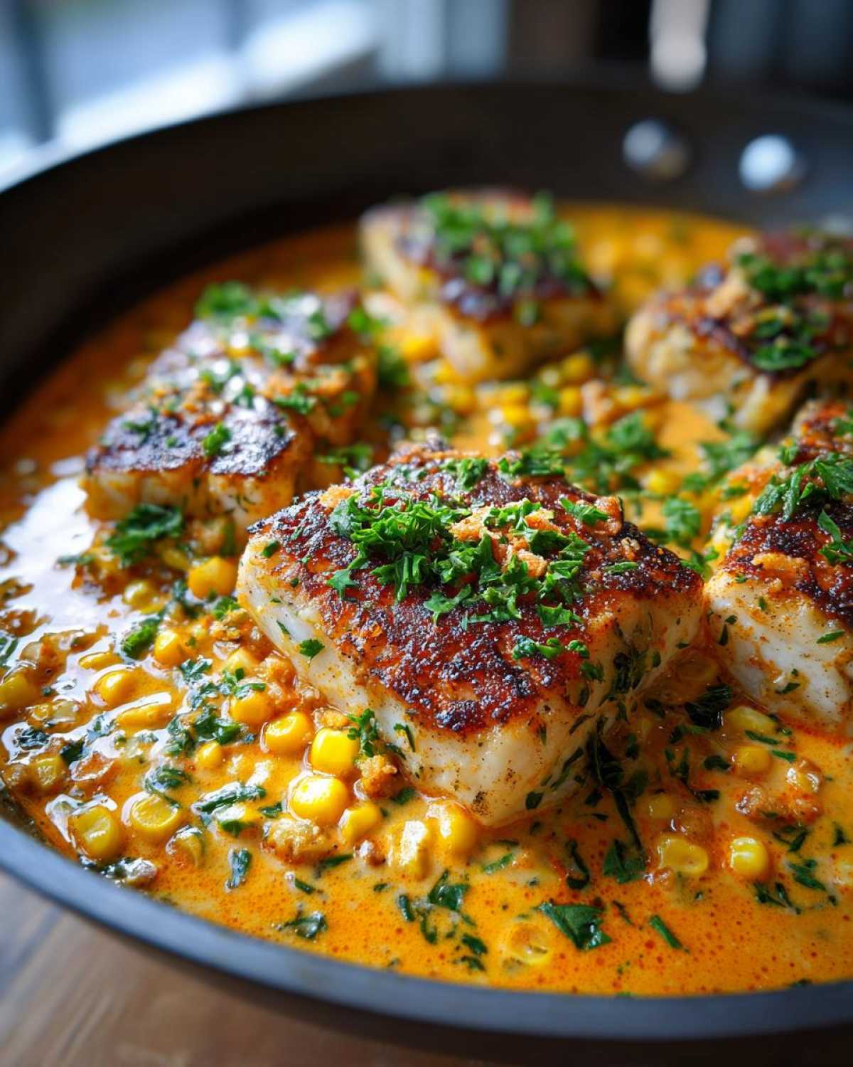 Close-up of seared One-Pan Creamy Cajun Catfish with Corn in a rich, orange-hued sauce.