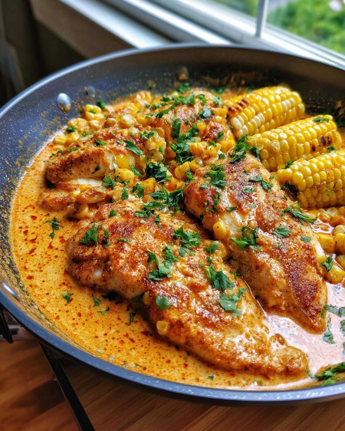 Two seasoned catfish fillets swimming in a creamy Cajun sauce with corn and topped with fresh parsley, served in a one-pan skillet.