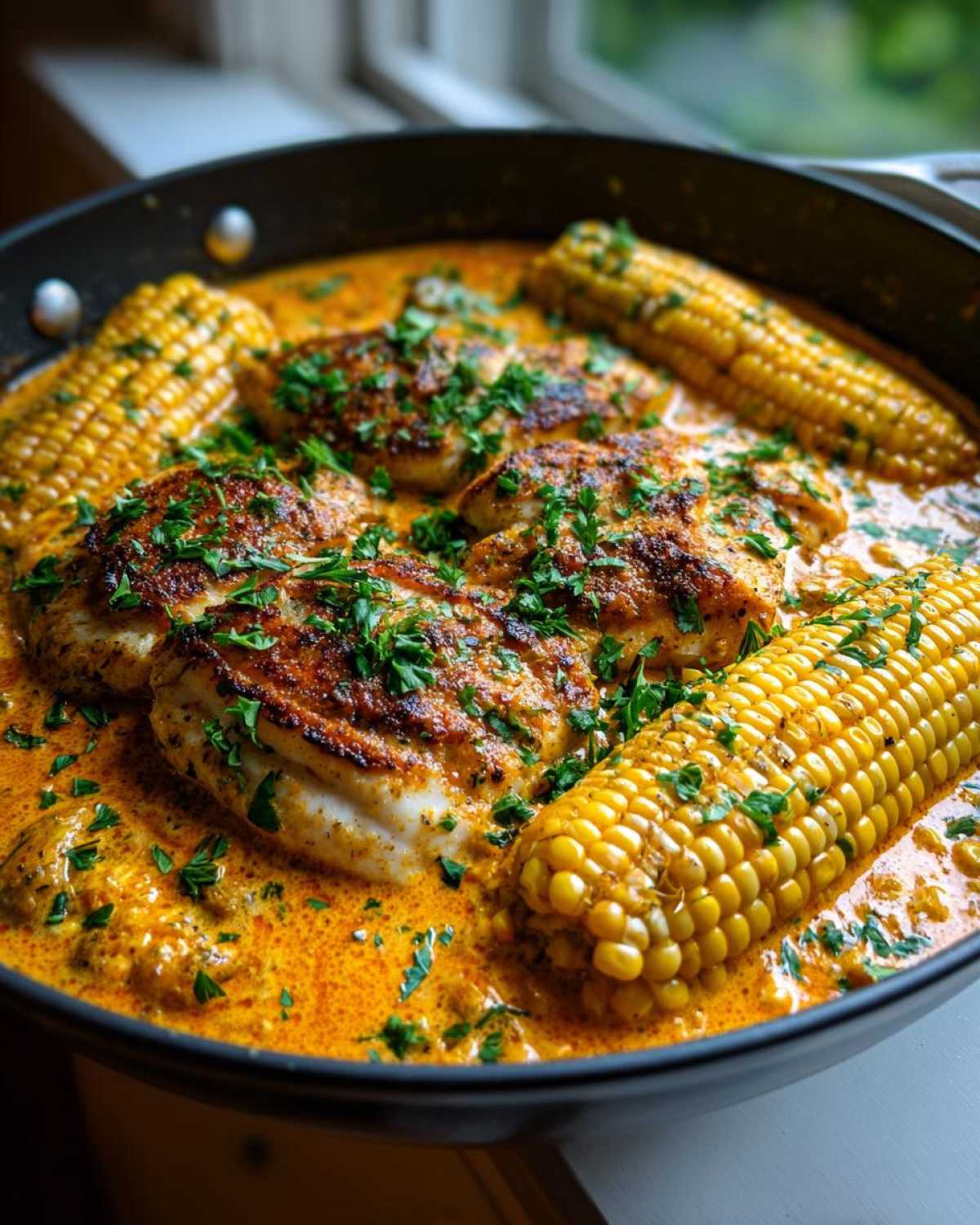 Three seasoned catfish fillets resting in a rich, creamy sauce with whole kernel corn, garnished with parsley, for One-Pan Creamy Cajun Catfish with Corn.