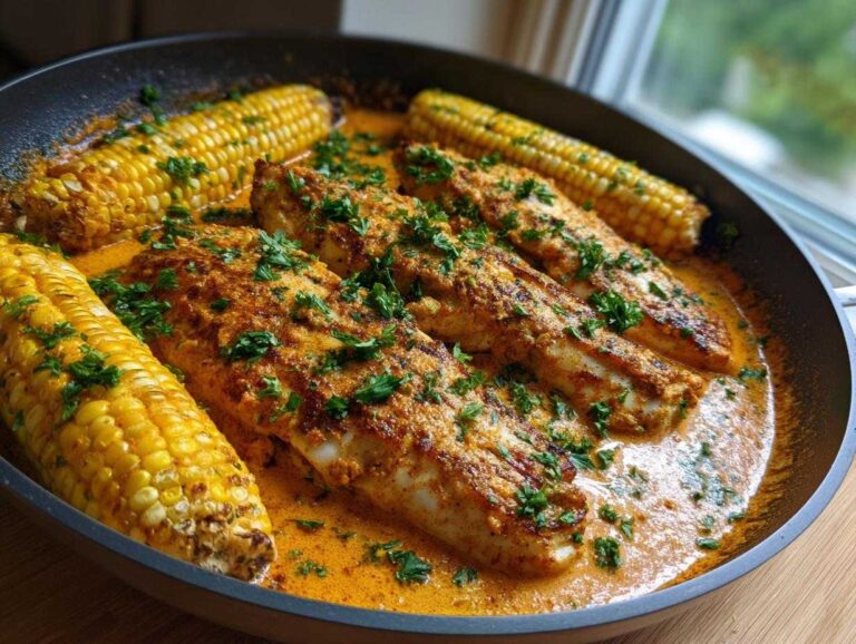 Close-up of One-Pan Creamy Cajun Catfish with Corn simmering in a rich, orange sauce and garnished with parsley.