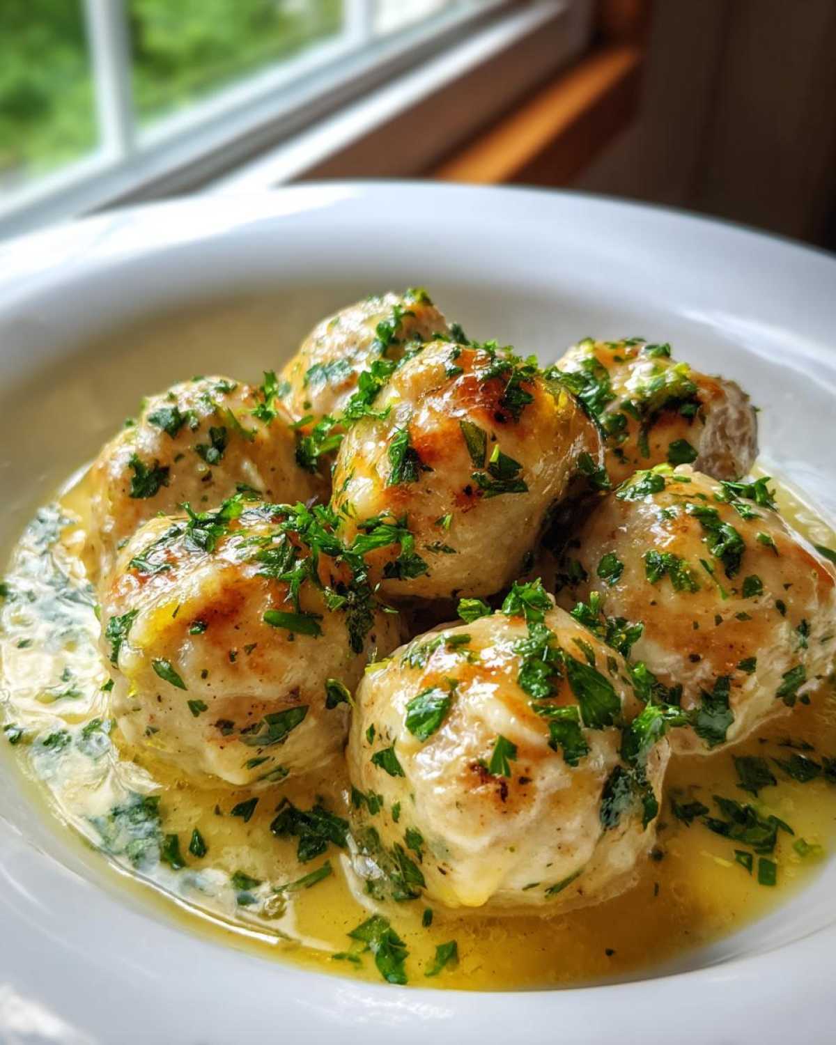 Close-up of One-Pan Creamy Garlic Butter Chicken Meatballs swimming in a rich, buttery sauce and topped with fresh parsley.