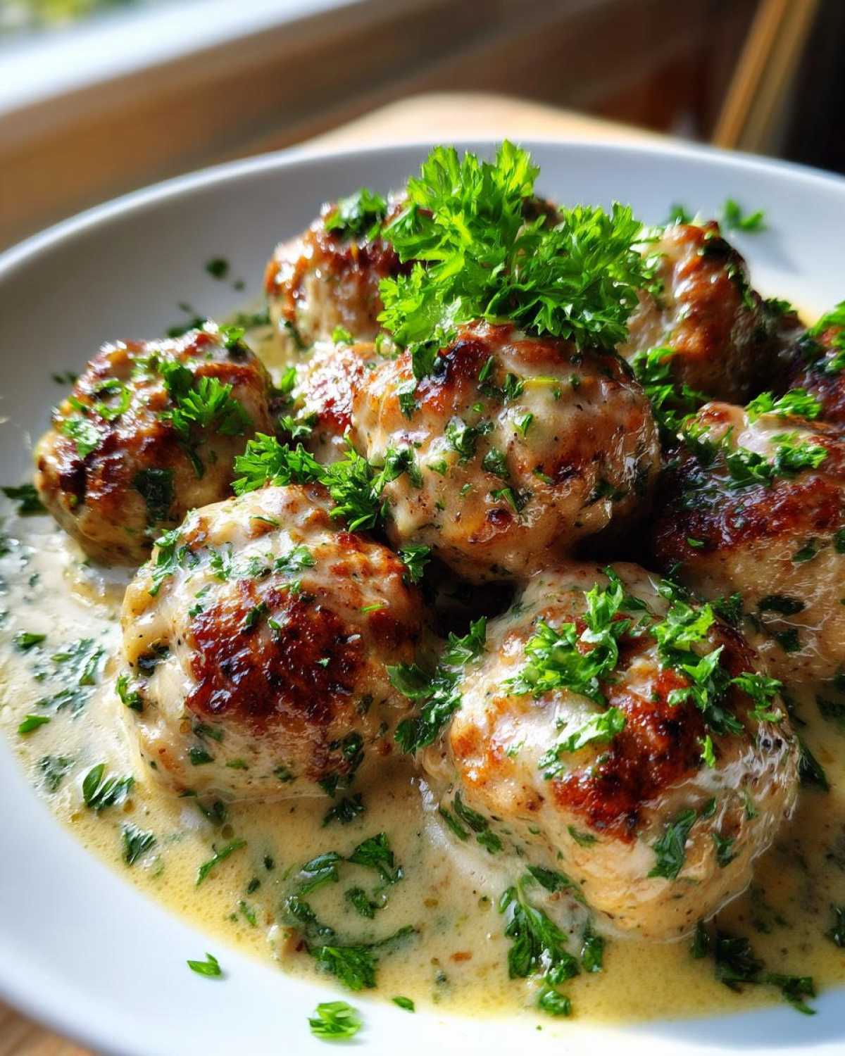 Close-up of golden brown One-Pan Creamy Garlic Butter Chicken Meatballs served in a rich sauce and topped with fresh parsley.