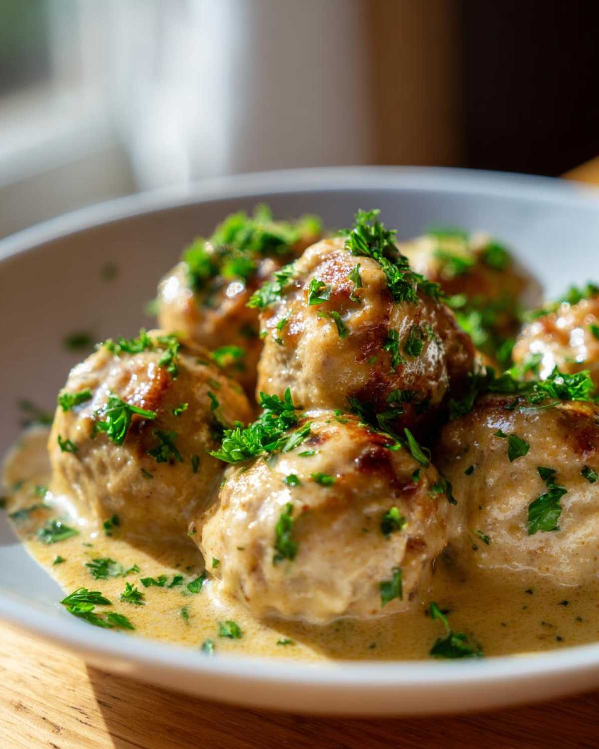 Close-up of browned One-Pan Creamy Garlic Butter Chicken Meatballs covered in a rich, creamy sauce and fresh parsley.
