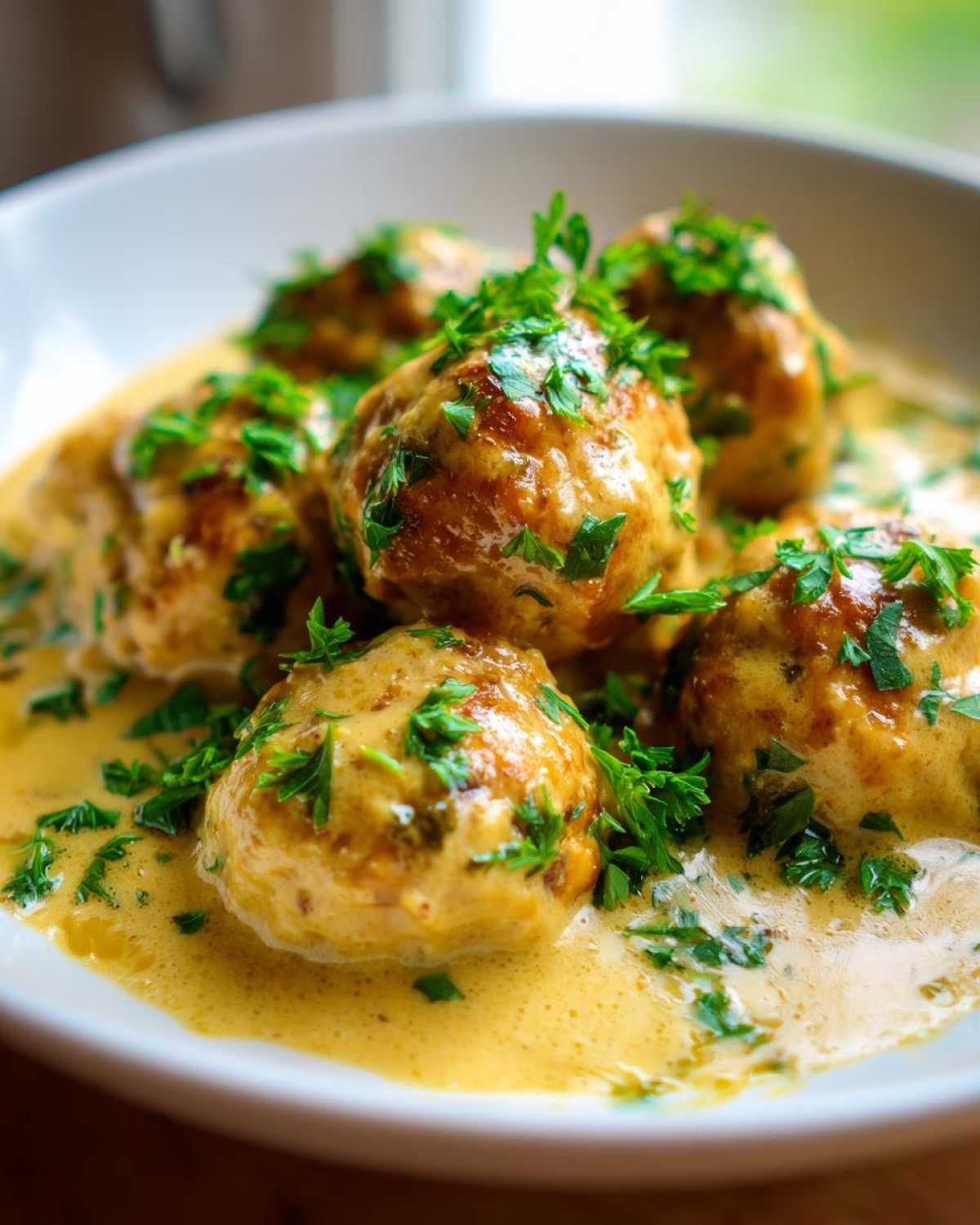 Close-up of One-Pan Creamy Garlic Butter Chicken Meatballs swimming in a rich, yellow sauce and topped with fresh parsley.