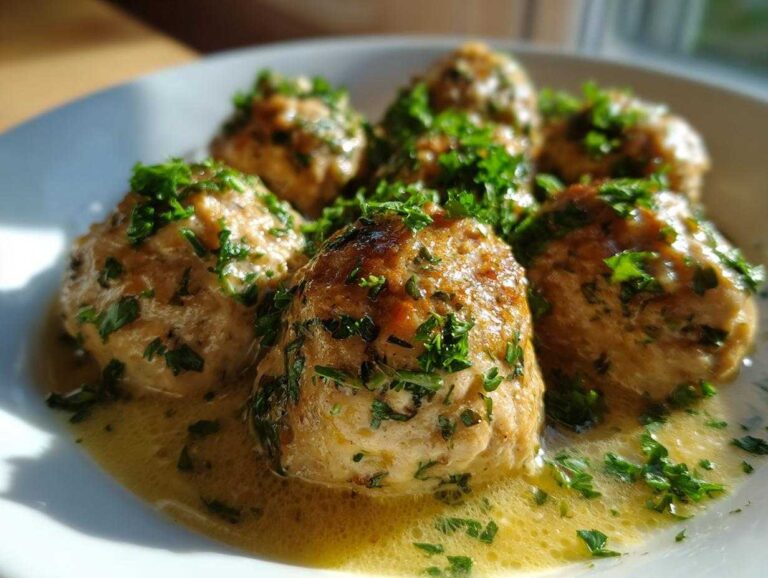 Close-up of One-Pan Creamy Garlic Butter Chicken Meatballs garnished with fresh parsley in a rich sauce.