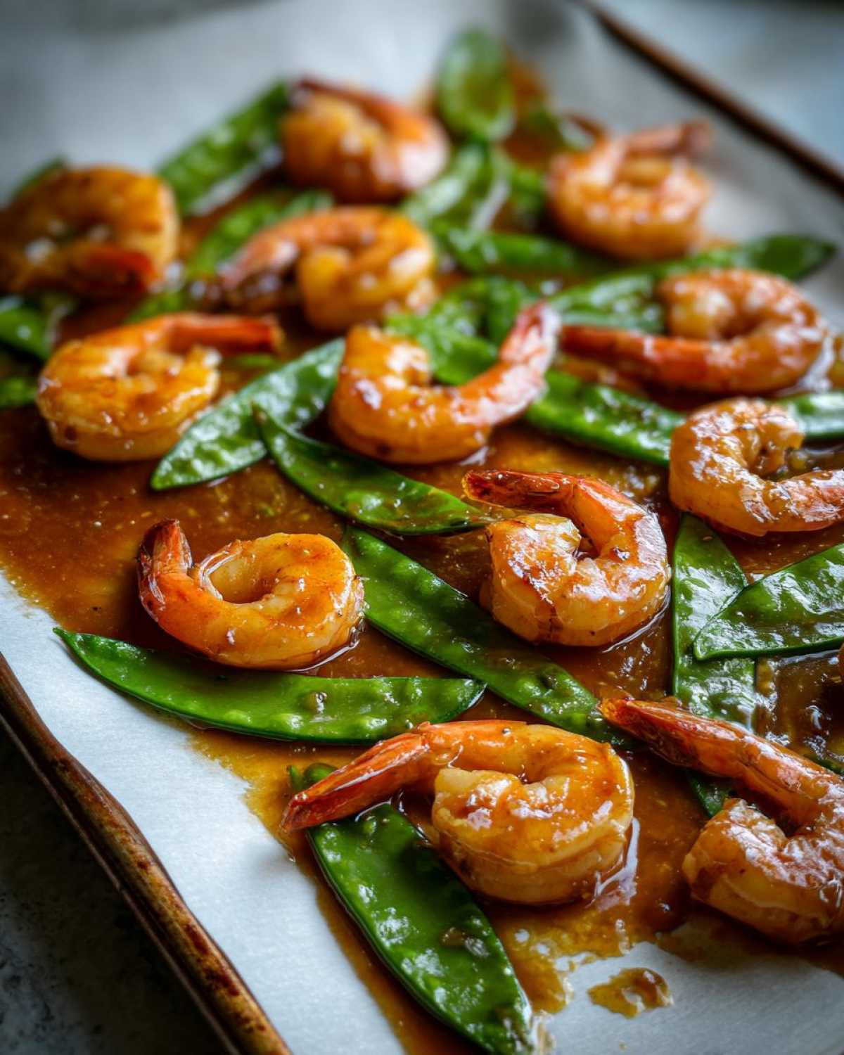 Close-up of glossy, cooked shrimp coated in honey garlic sauce alongside bright green snow peas on a baking sheet.