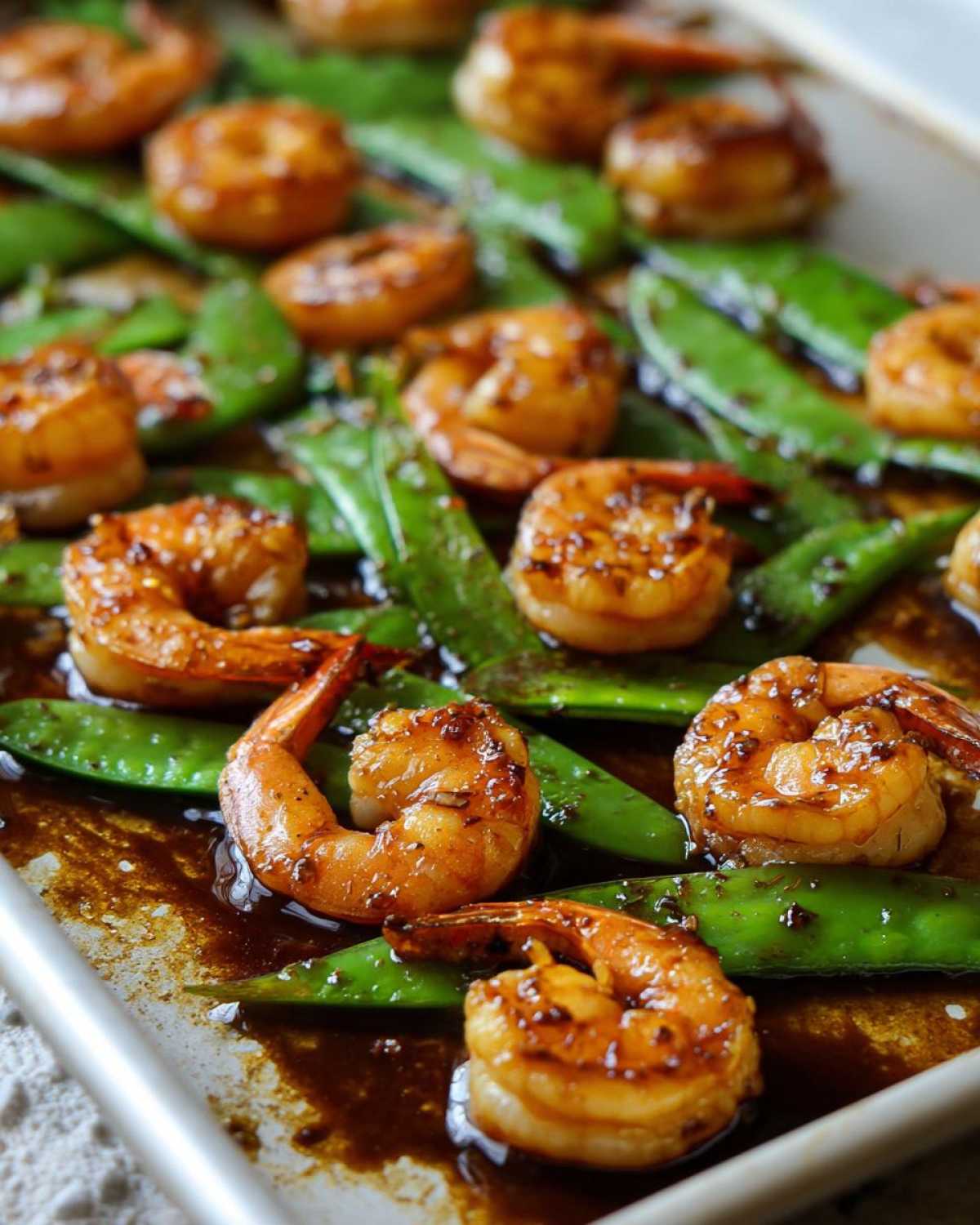 Close-up of cooked One-Pan Honey Garlic Shrimp and Snow Peas glistening in a dark sauce on a baking sheet.