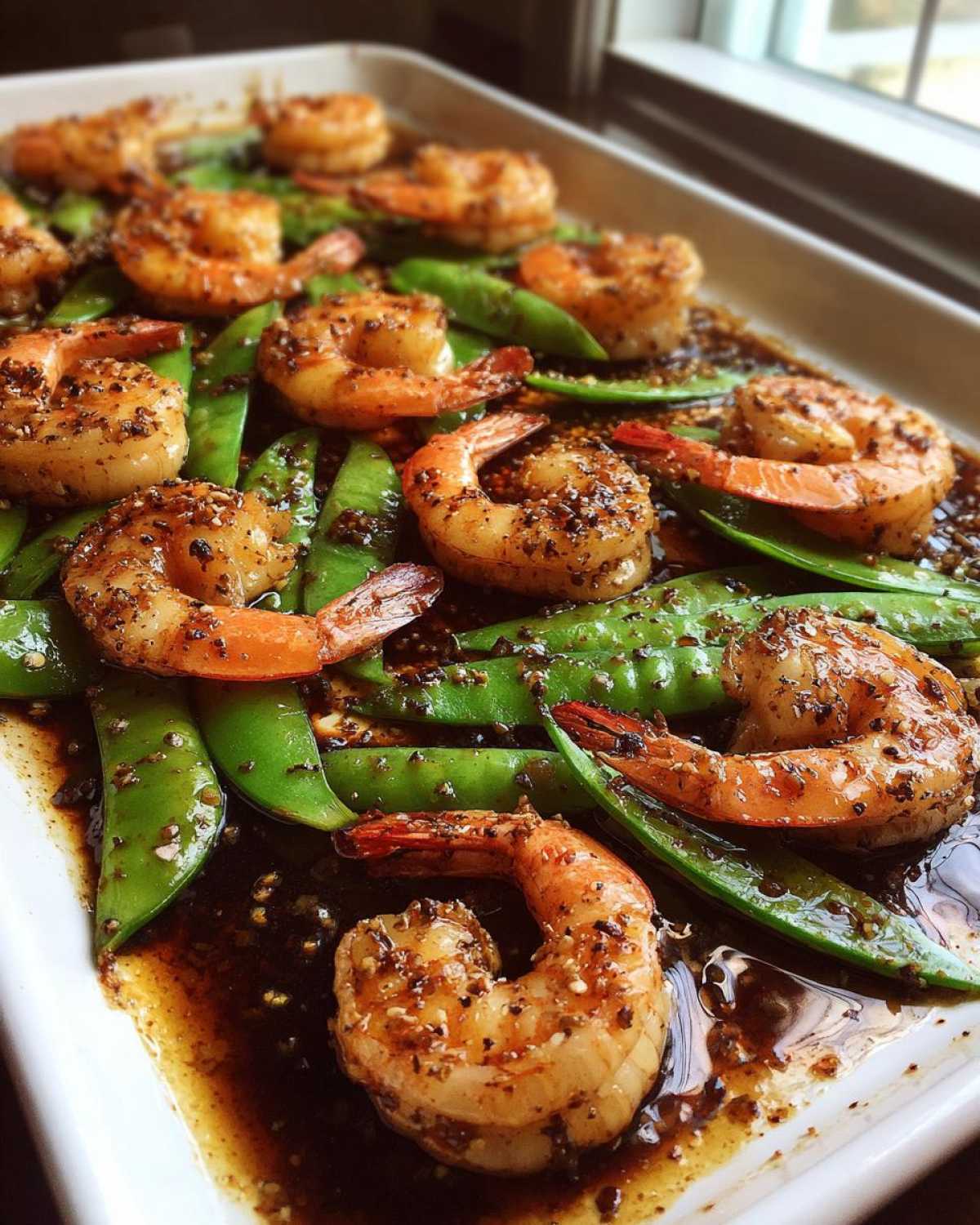 Close-up of One-Pan Honey Garlic Shrimp and Snow Peas coated in a dark, savory sauce.
