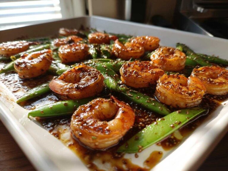Close-up of glistening One-Pan Honey Garlic Shrimp and Snow Peas coated in a dark, savory sauce.