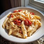 A bowl of One-Pot Creamy Goat Cheese Pasta with penne, creamy sauce, and roasted red tomatoes.